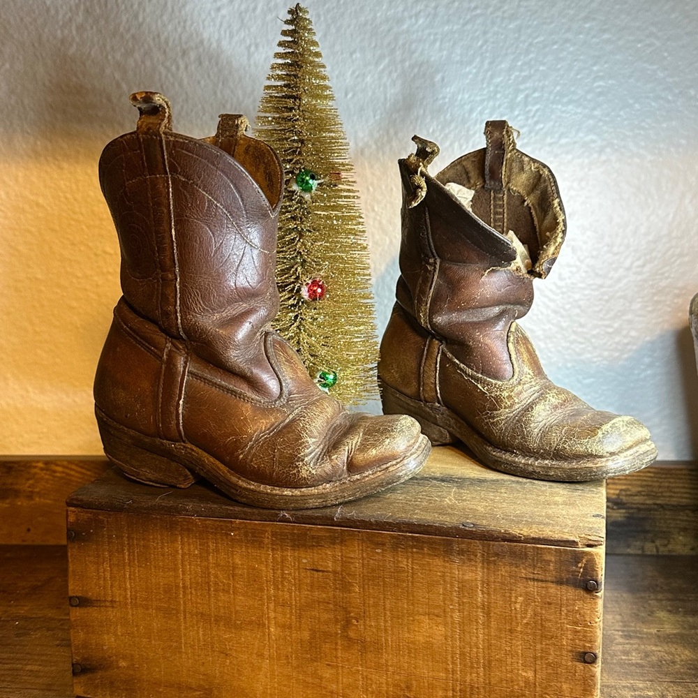 Vintage Handmade Baby Brown Leather Cowboy Boots with square nails.